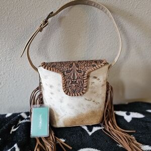 Brown and White Leather Fringe Bag
